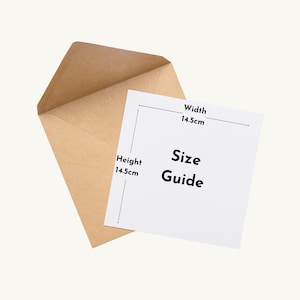 May include: A brown envelope with a white size guide card. The card is 14.5cm in height and width. The text on the card reads "Size Guide".
