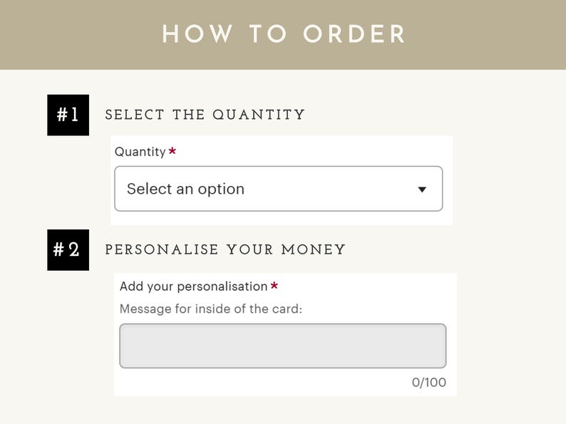 May include: Image showing instructions on how to order. The text reads "HOW TO ORDER" at the top. Step 1: Select the quantity. Step 2: Personalize your money. There is a text box to add a message, with a character limit of 100.