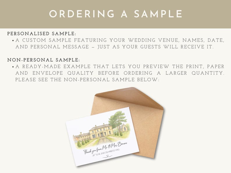 K&ouml;nnte beinhalten: Ein Muster einer Hochzeitseinladung mit einer Aquarellillustration eines Geb&auml;udes, pr&auml;sentiert mit einem braunen Umschlag. Auf der Einladung steht "Thank you from Mr & Mrs Brown". Das Bild enth&auml;lt auch den Text "Ordering a Sample".