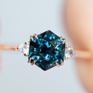Natural 1.1ct-1.3ct Hexagon Blue topaz & 0.07ct Diamonds 14K/18k Solid Rose Gold Ring, Blue topaz, Wedding Engagement Bridal Ring