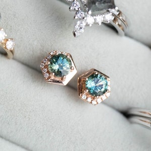 Round Blue Green/Teal Sapphire & Diamonds 18K Rose Gold Earrings,Unheated Natural,Peacock,Wedding Anniversary Engagement Bridal Gift