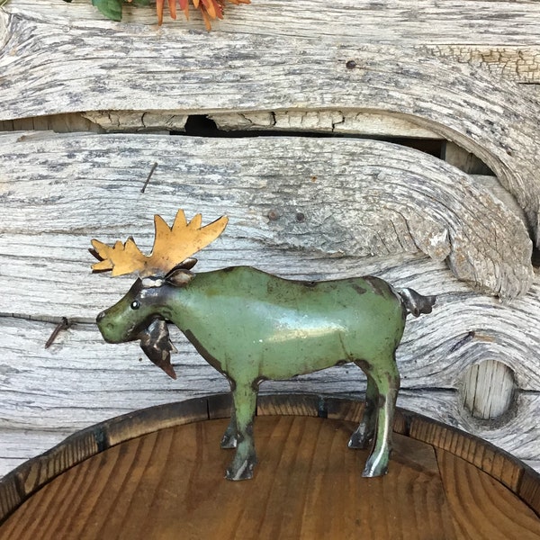 Small Recycled Scrap Metal Moose - 7" tall, repurposed, cabin, garden decor, decorative moose, green, rustic, industrial, decorative art