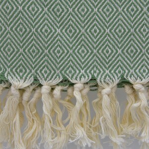 May include: A green and white patterned Turkish towel with a fringe border. The towel is made of cotton and has a soft, absorbent texture.