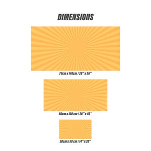 K&ouml;nnte beinhalten: Drei rechteckige Artikel mit einem Sonnenstrahl-Design in Orange- und Gelbt&ouml;nen. Das gr&ouml;&szlig;te misst 70cm x 140cm, das mittlere 50cm x 100cm und das kleinste 30cm x 50cm. Das Wort "DIMENSIONS" steht oben.
