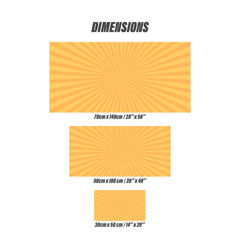 K&ouml;nnte beinhalten: Drei rechteckige Artikel mit einem Sonnenstrahl-Design in Orange- und Gelbt&ouml;nen. Das gr&ouml;&szlig;te misst 70cm x 140cm, das mittlere 50cm x 100cm und das kleinste 30cm x 50cm. Das Wort "DIMENSIONS" steht oben.
