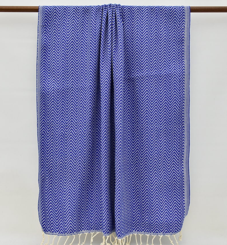 May include: A blue and white patterned beach towel with fringe on the bottom edge.
