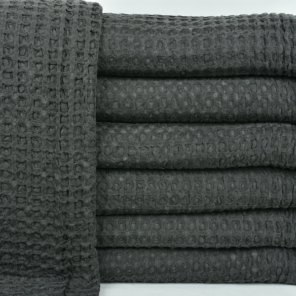 Home Decor Blanket, Turkish Throw Blanket, Dark Gray Throw, Waffle Blanket, 79x103 Inches Handwoven Bedspread, Beach Throw,