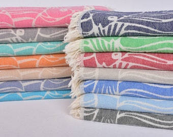 Turkish Towel, Beach Towel, Bath Towel, Fish Peshtemal, Patterned Towel, Animal Towel, 36x71 Inches Cotton Peshtemal, Cotton Baby Blanket