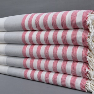 Pareo, Turkish Beach Towel, Wedding Gift Towel, Peshtemal Towel, Cotton Towel, Gray and Red Towel, Striped Towel, 40x70 inches Towel, T-11