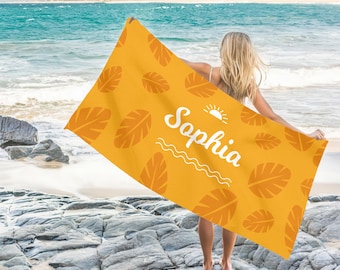Toalla personalizada, toalla de playa naranja, toalla turca con estampado personalizado y nombre, toalla con estampado tropical, regalo de playa para niños y adultos.