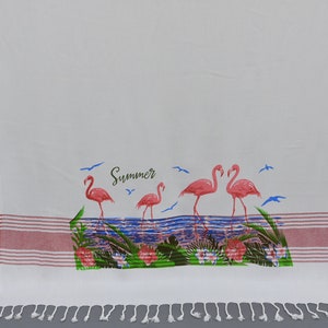 Beach Towel, Wedding Gift Towel, Turkish Towel, Cotton Peshtemal Towel, Red Bordered Towel, Flamingo Patterned Towel, 40&quot;x70&quot; Towel, T-07