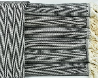 Turkish Bedspread, Handwoven Blanket, Black Throw, Herringbone Throw, 79x99 Inches Bed Cover, Yoga Blanket, Gift Blanket, Picnic Blanket,