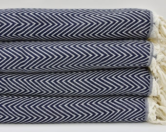 Turkish Throws Turkish Blanket Navy Blue Blanket Turkish Bedspread 79"x89" Sofa Cover Organic Cotton Blanket Home Decor Gift Blanket I-104
