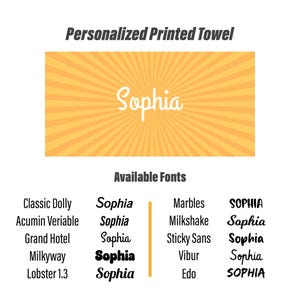 K&ouml;nnte beinhalten: Personalisierte Handtuch-Design mit dem Namen "Sophia" in Schreibschrift vor einem gelben Strahlenhintergrund. Eine Auswahl an Schriftarten zur individuellen Gestaltung ist ebenfalls abgebildet.