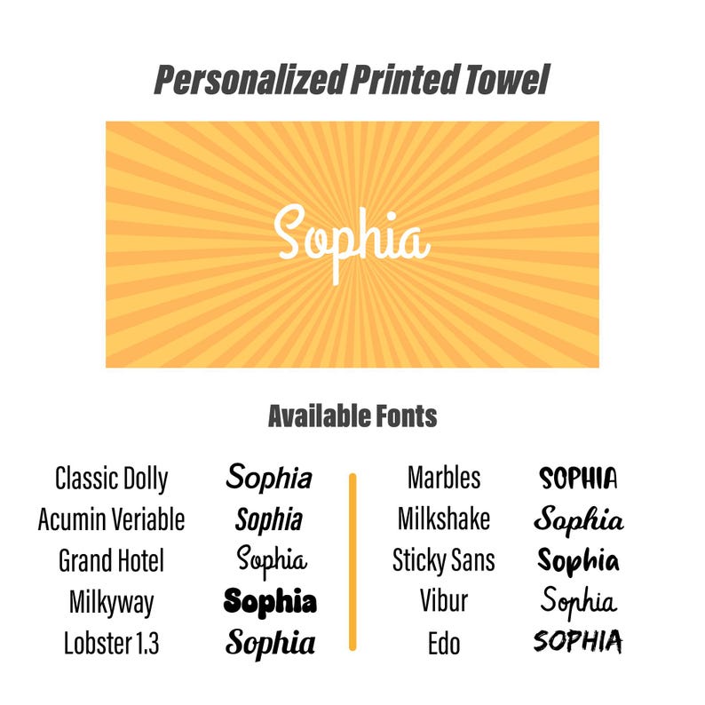 K&ouml;nnte beinhalten: Personalisierte Handtuch-Design mit dem Namen "Sophia" in Schreibschrift vor einem gelben Strahlenhintergrund. Eine Auswahl an Schriftarten zur individuellen Gestaltung ist ebenfalls abgebildet.