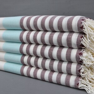 Soft Cotton Towel, Peshtemal Towel, Turkish Bath Towel, Wedding Gift Towel, Mint and Burgundy Towel, Striped Towel, 40x70 inches Towel T-11