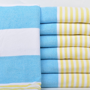 Personalized Turkish Beach Towel, Turkish Towel, Turquoise-Yellow Peshtemal, Striped Peshtemal, Terry Towel, 36x67 Inches Turkish Towel