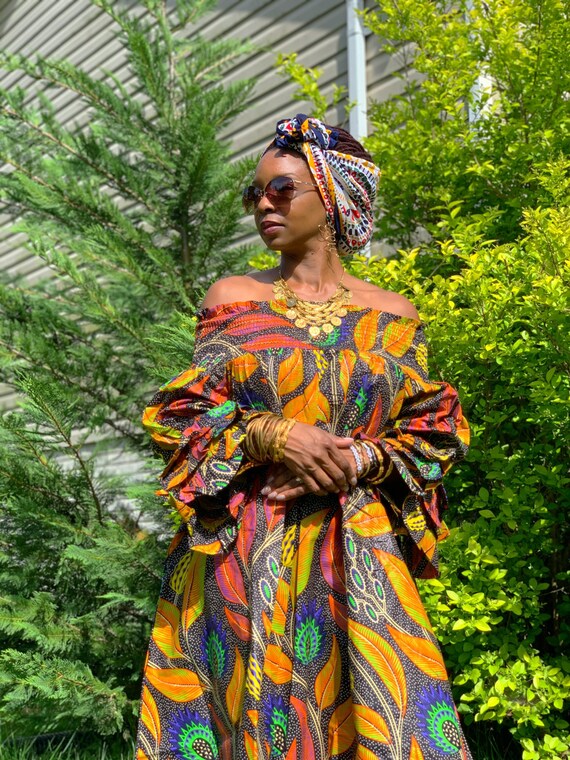 Gold Leaf Off-Shoulder Dutch Wax Dress