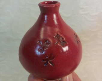Bud Vase in Red with Dragonflies