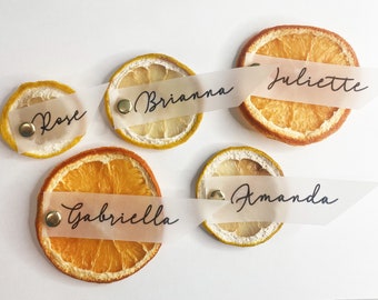 May include: Five dried citrus slices with handwritten names on translucent paper tags. The names are Rose, Brianna, Juliette, Amanda, and Gabriella.