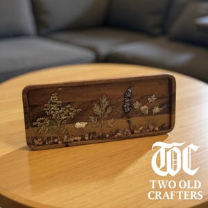 Acacia Wood Serving Tray: Rustic Farmhouse Rectangular Tray with Handmade Floral Inlay