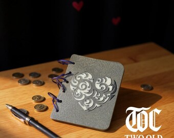 Gray A7 Mini Journal with Heart Design, Violet Rings, Lined Pages, Basswood Cover