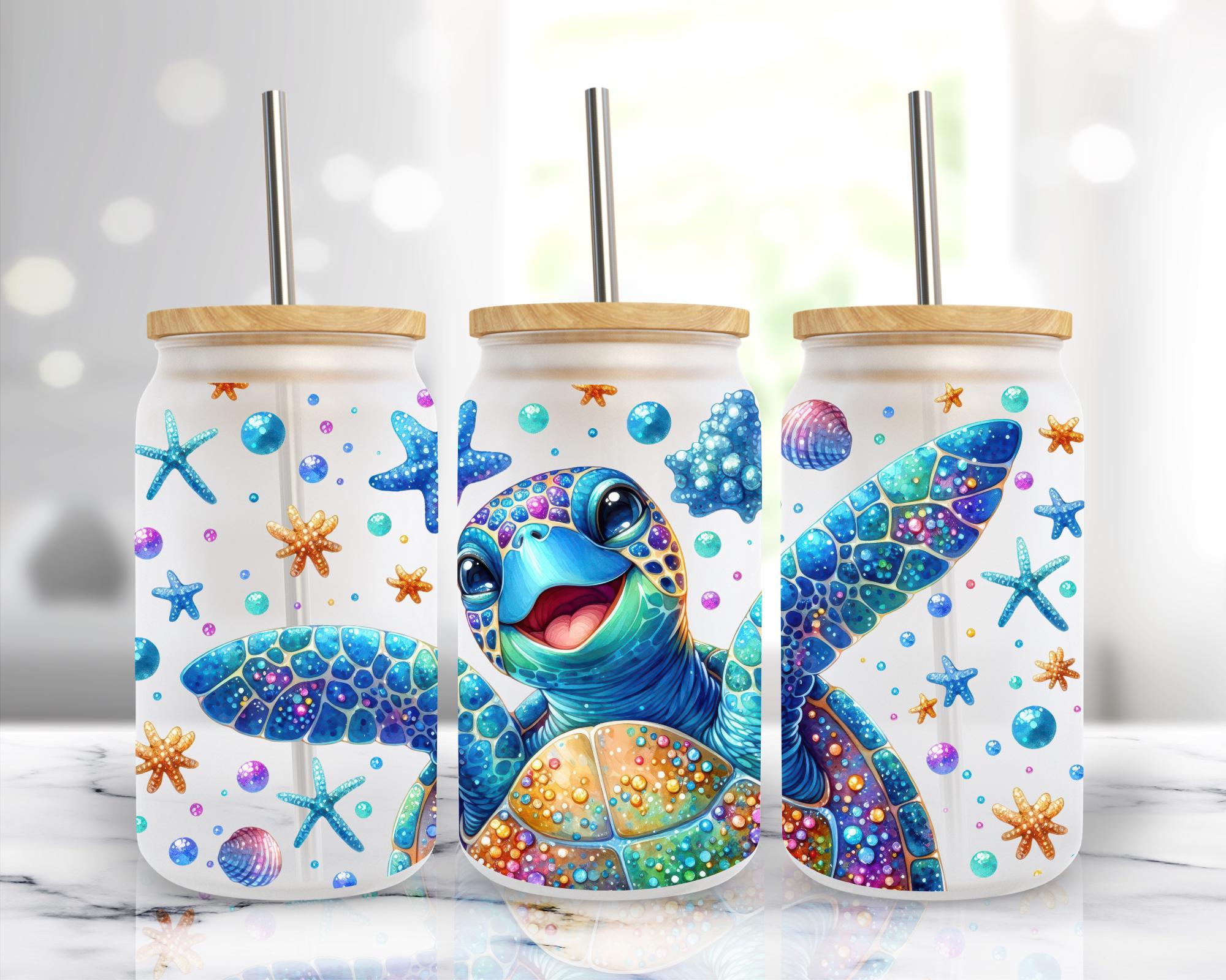 Sea Turtle 16oz Libbey Frosted Glass Can Wrap Cup, Summer Beach Animal Glass Can Wrap, Sublimation Design, PNG Download