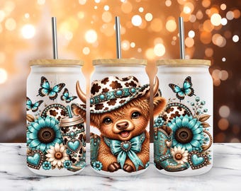 Western Highland Cow 16oz Libbey Glass Can Wrap PNG, Cow Coffee Floral Sunflower Country Sublimation Design Digital Download
