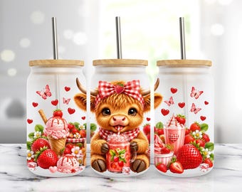 Strawberry Baby Highland Cow 16oz Libbey Glass Can Wrap PNG, Cute Coquette Bow Cow Sublimation Design (Digital Download)