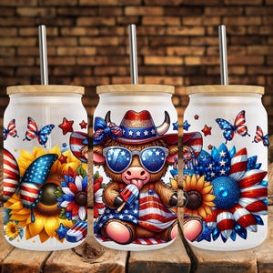 4th of July Funny Baby Highland Cow Sunflower, 16oz Libbey Glass Can Wrap Sublimation Design, Patriotic Wrap Cup, Mug, Tumbler, PNG Download