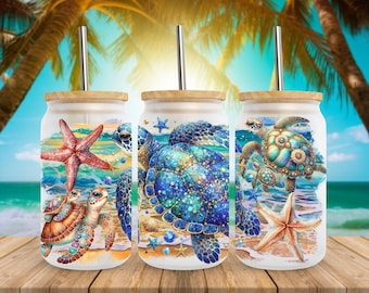 Sea Turtles 16oz Libbey Frosted Glass Can Wrap Cup, Summer Beach Animal Glass Can Wrap, Sublimation Design, PNG Download