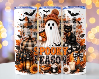 Spooky Season Halloween Tumbler Wrap PNG, 20oz Skinny Seamless Wrap, Coffee Ghost Pumpkin Fall Sublimation Design Digital Download