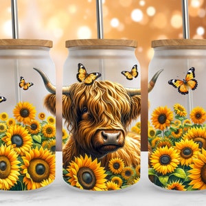 Rustikale Highland Kuh Sonnenblumen 16 oz Libbey Glasdose Tumbler Wrap Sublimation Design PNG Digital Download