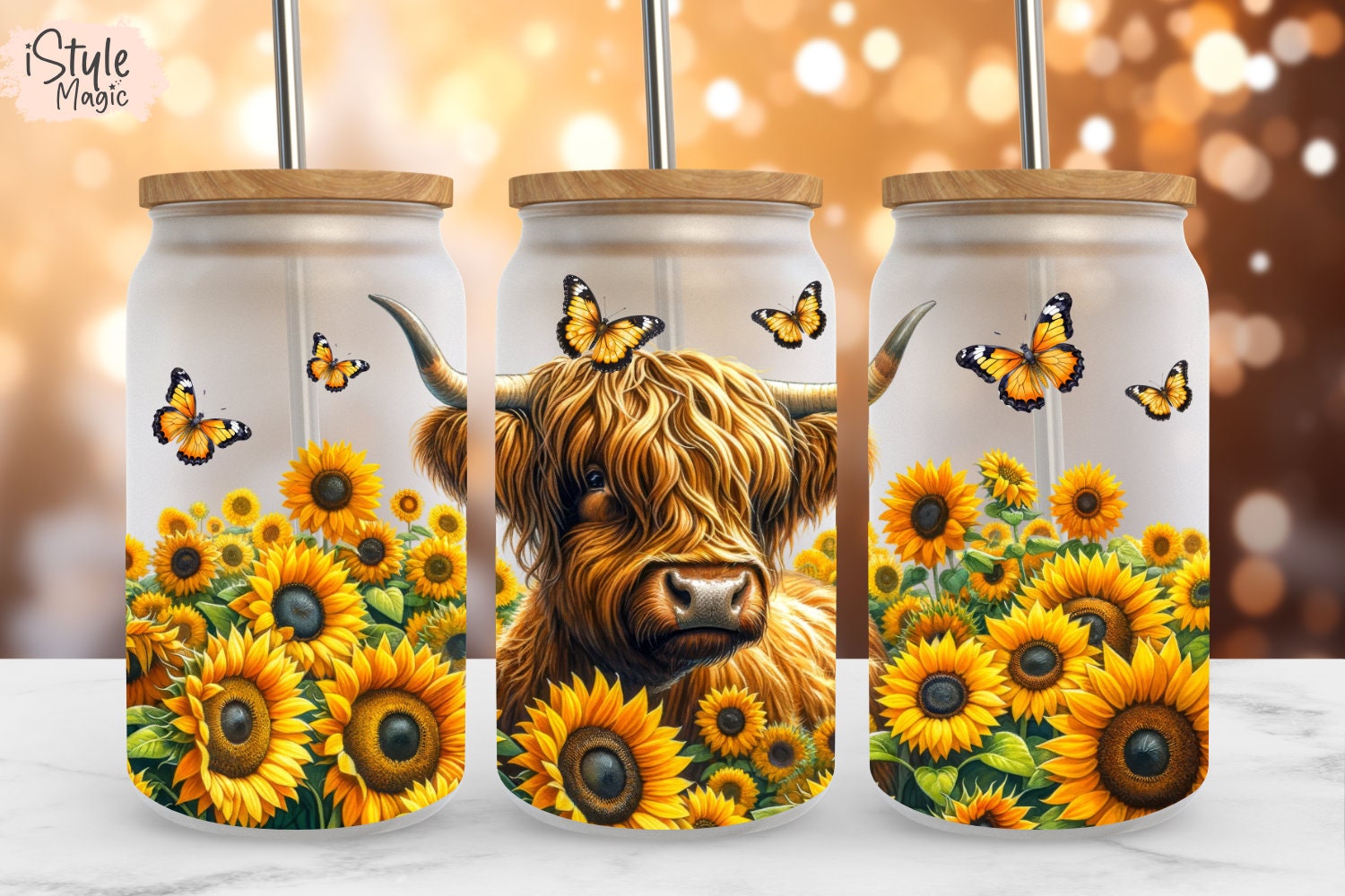 Rustic Highland Cow Sunflowers 16 Oz Libbey Glass Can Tumbler Wrap ...