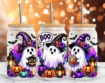 Halloween Ghost Glass Can Wrap PNG, 16oz Libbey Wrap, Spooky Season Sublimation Design (Digital Download)