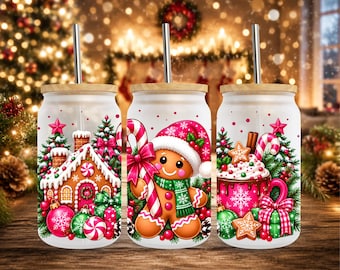 Pink Gingerbread Christmas 16oz Libbey Glass Can Wrap PNG Sublimation Design (Digital Download)