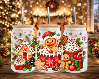 Christmas Gingerbread 16oz Libbey Glass Can Wrap PNG Sublimation Design (Digital Download)