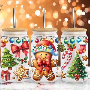 Christmas Gingerbread Cookie 16 oz Libbey Frosted Glass Can Wrap, Sublimation Design, Christmas Holiday Cup, Christmas PNG Digital Download