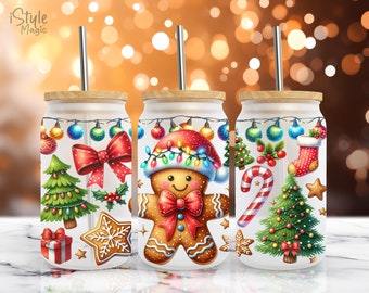 Christmas Gingerbread Cookie 16 oz Libbey Frosted Glass Can Wrap, Sublimation Design, Christmas Holiday Cup, Christmas PNG Digital Download