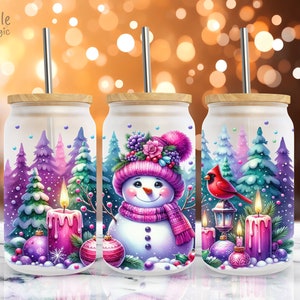 Christmas Purple Pink Snowman 16 oz Libbey Frosted Glass Can Wrap, Sublimation Design, Christmas Winter Cup, Christmas PNG Digital Download