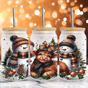 Christmas Brown Baby Highland Cow and Snowman 16 oz Libbey Glass Can Wrap Sublimation Design, Christmas Winter Wrap Cup, PNG Download