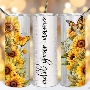 Tournesols, ajoutez votre propre nom de texte sans couture, design en sublimation de gobelet skinny 20 oz, téléchargement numérique PNG