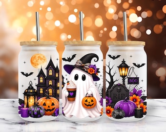 Cute Coffee Ghost Haunted House Halloween Glass Can Wrap PNG, 16oz Libbey Wrap, Spooky Season Sublimation Design (Digital Download)