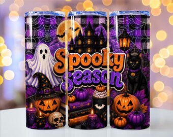 Spooky Season Halloween Tumbler Wrap PNG, 20 oz Skinny Design, Purple Gothic Sublimation, Haunted Castle Ghost Pumpkin (Digital Download)