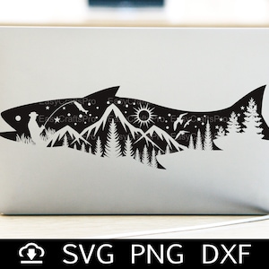 Montanha de salmão e árvores SVG para Cricut / Truta svg / Caça e pesca SVG / Decoração de carro / Presente para ele / Pai Pesca / Pesca svg para madeira