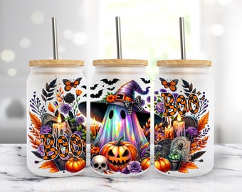 Halloween Ghost Witch Hat 16 oz Libbey Glass Can Wrap PNG, Boo Pumpkin Gothic Floral Sublimation Design, Digital Download