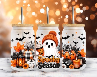 Spooky Season Halloween Cute Ghost Glass Can Wrap PNG, 16oz Libbey Wrap, Fall Sublimation Design (Digital Download)