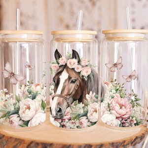 Boho Pink Floral Horse, 16 Oz Libbey Glass Can Wrap Sublimation Design, Frosted Glass Tumbler Cup, PNG Digital Download