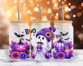 Halloween Boo Ghost Glass Can Wrap PNG, 16oz Libbey Wrap, Spooky Season, Purple Pumpkin Floral Sublimation Design (Digital Download)