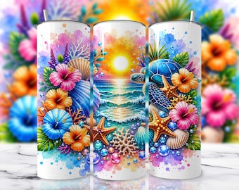 Beach Sunset Floral Summer Tumbler Wrap - 20 oz Skinny Tumbler Sublimation Design PNG (DIGITAL Download)